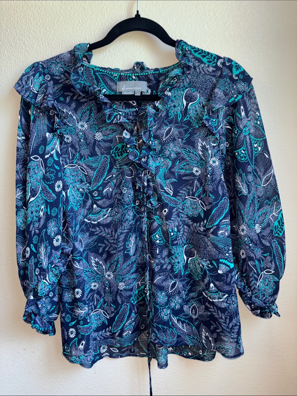 Anthropologie Floral Ruffle Blouse Navy Teal Boho Tie Neck Size Small